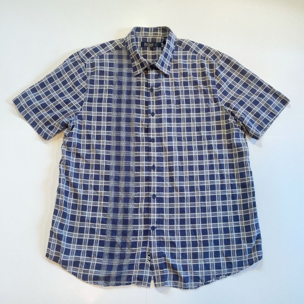 Nat Nast Luxury Originals Mens L Blue Plaid Geometric Silk Blend Button Shirt